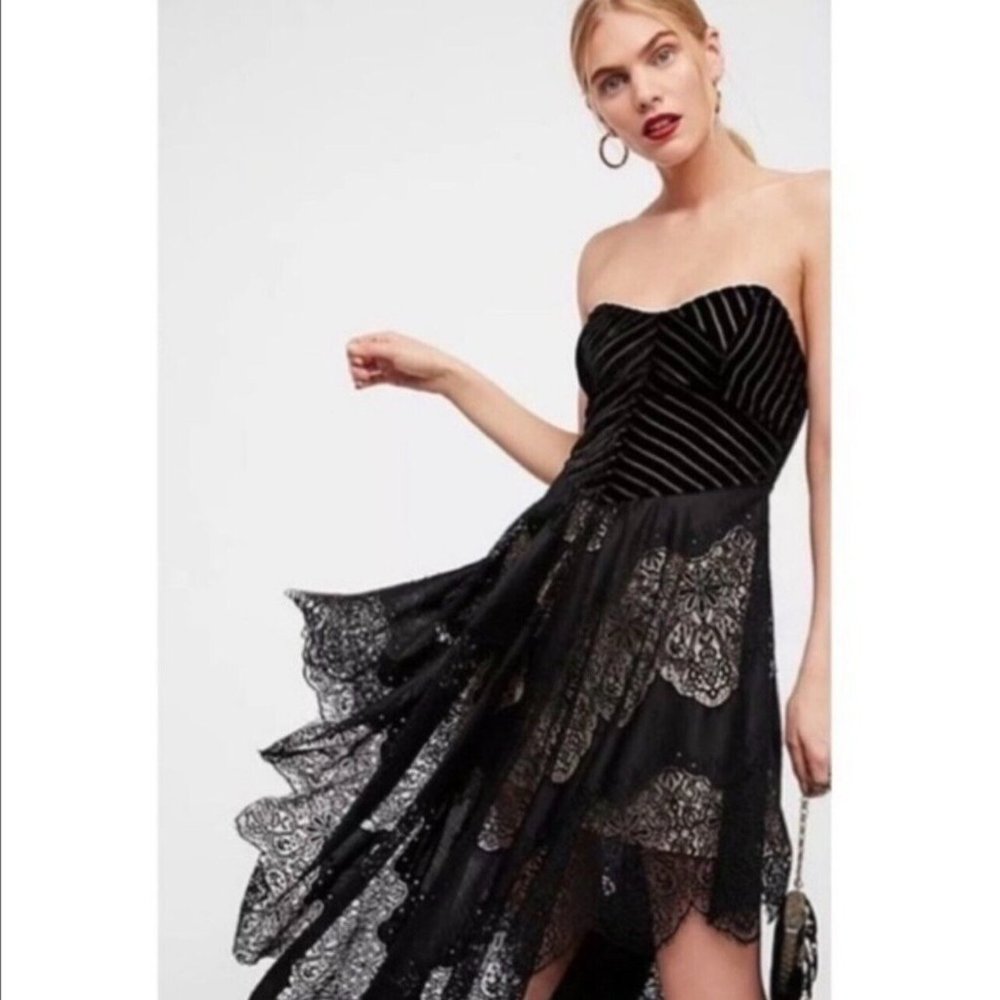 Free People Dark Fairy Black and Nude Lace Dress Strapless w/Strap Size 8